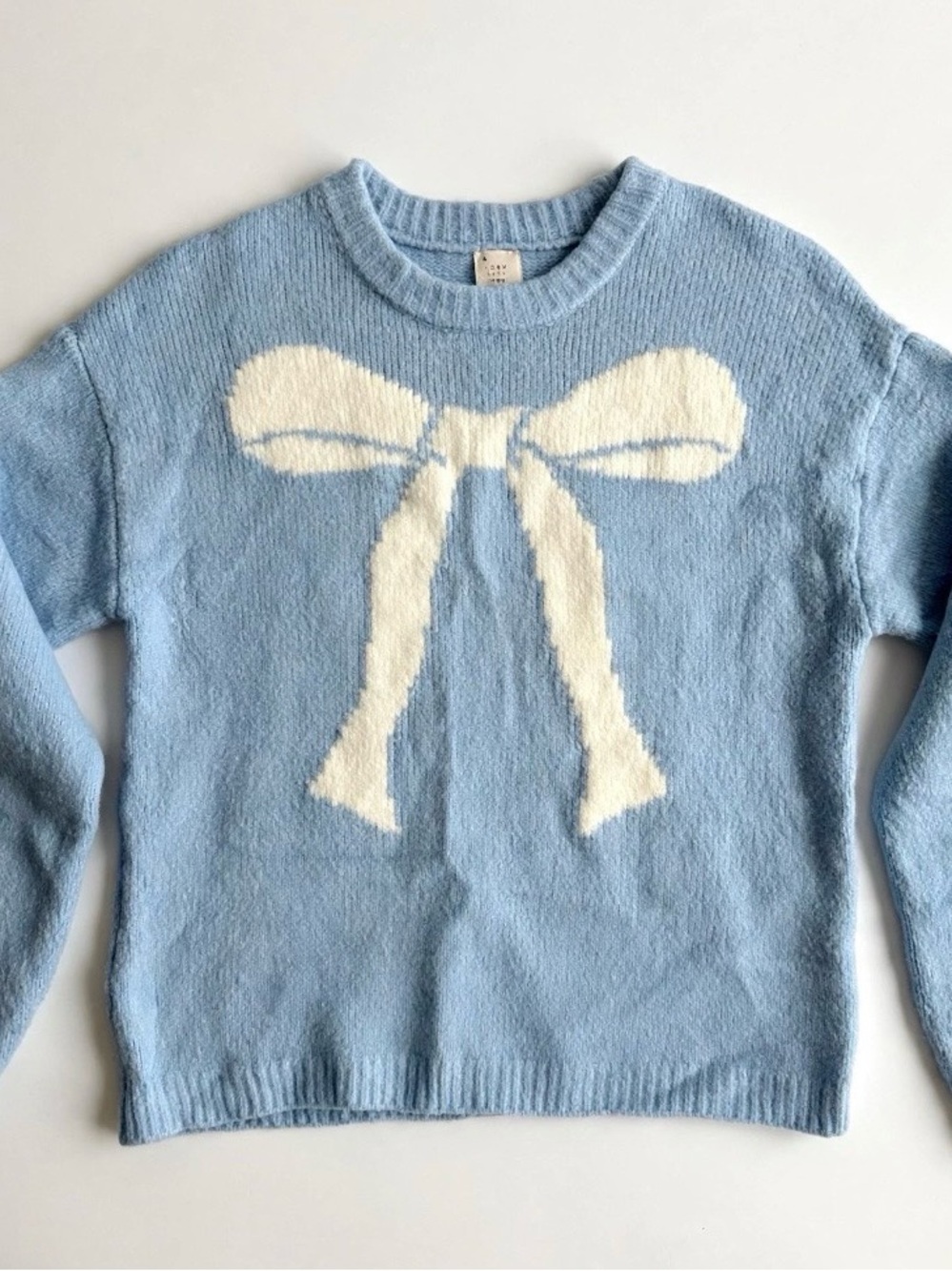 a new day Tiffany Blue Blue Crewneck Sweater with Cream Bow Intarsia Size S